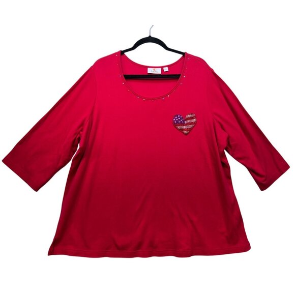 Quacker Factory 3/4 Sleeve Shirt American Flag Heart Rhinestone Design 2X Red - Picture 1 of 9